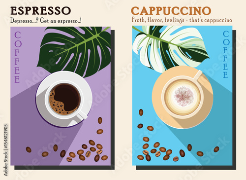 A vibrant flat-design poster set showcasing espresso and cappuccino with playful coffee quotes and tropical leaf accents. The perfect wall art for coffee shops, kitchens, or coffee connoisseurs
