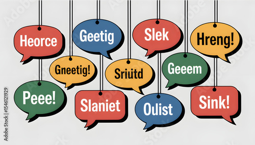 The image shows colorful speech bubbles with different words and exclamations, creating a fun and engaging scene.