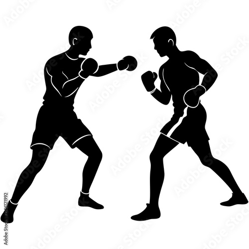 Boxing Fighters Silhouette Vector – Dynamic Black Icon of Two Boxers Sparring for Sports and Martial Arts Design Use

