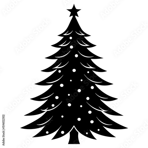 Bold stylized silhouette of a Christmas tree decorated with dotted ornaments and star, ideal for use in holiday-themed graphics and wintertime festive media