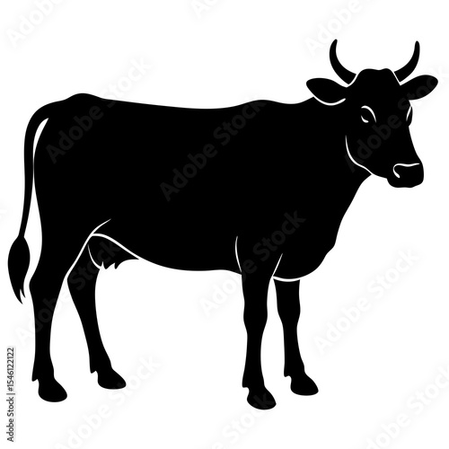 Black vector silhouette of a standing cow with horns and tail in side profile, perfect for farm logos, agricultural illustrations, dairy products, and rural or countryside graphic design.

