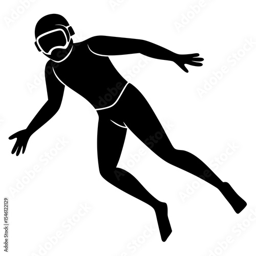 Black silhouette vector of a scuba diver with goggles and fins in swim pose. Ideal for diving, underwater sports, marine safety, sea adventure, snorkeling, or ocean activity design projects.

