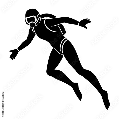 Silhouette vector of a scuba diver with oxygen tank and goggles in motion, great for marine adventure, underwater exploration, scuba school logos, or snorkeling trip illustrations.

