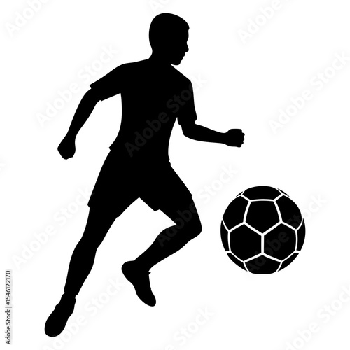Black silhouette vector of a young soccer player kicking a ball in action pose. Ideal for sports flyers, football school logos, team branding, or youth training program illustrations.

