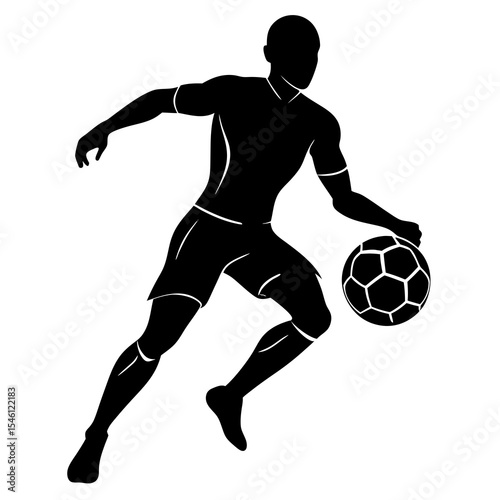 Vector silhouette of male soccer player dribbling a football in motion, showcasing muscle detail and athletic stance. Great for fitness posters, sports campaigns, or football brand visuals.

