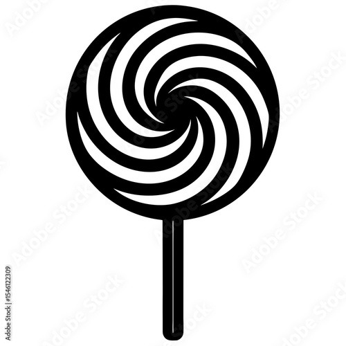 Fun Spiral Candy Lollipop Silhouette in Black Featuring Whirl Pattern and Stick for Sweet Food and Candy-Themed Designs