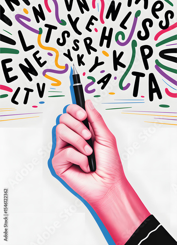 A creative hand writes with a pen, surrounded by letters and lines.