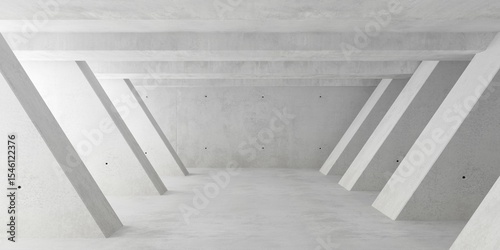 Abstract empty, modern concrete room with series of diagonal pillars left and right and sunlight and rough floor - industrial interior background template