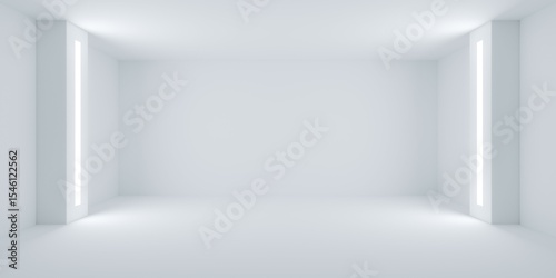 Empty blank white room background with wall pillars with light inlay on the left and right, modern interior template