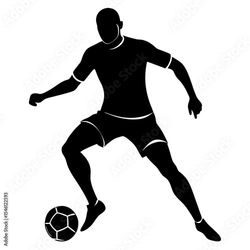 Black silhouette of a soccer player in dribbling pose with ball — vector illustration for football sports, athletic movement, team sports, or game icons

