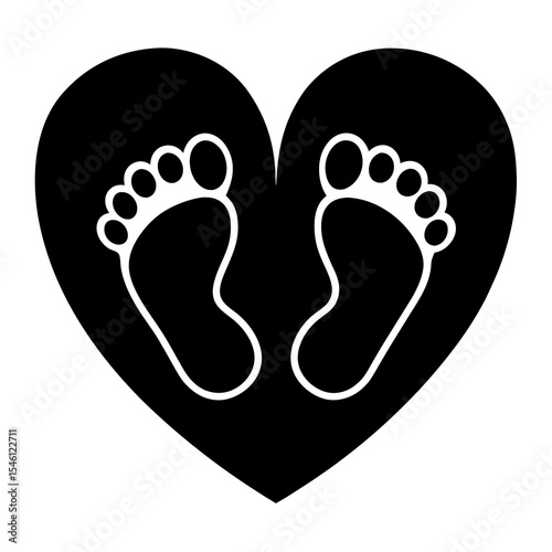 Silhouette of baby feet inside heart shape icon, symbolizing love, care, maternity, and infant life — ideal for baby products, parenting themes, and childcare vector illustration

