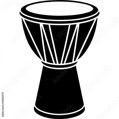 African djembe drum silhouette in black and white, traditional musical percussion instrument icon for tribal, cultural, and rhythm-related vector artwork or music themes

