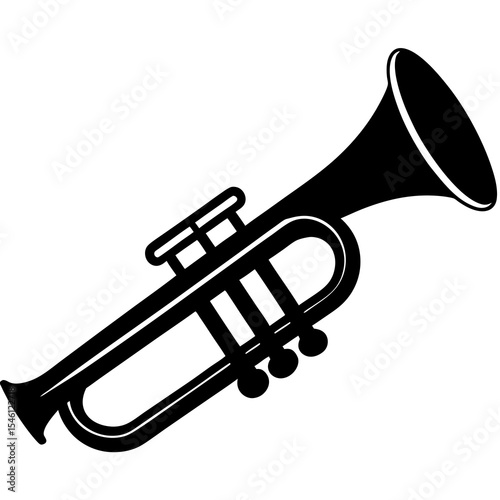 Silhouette of trumpet in black, brass wind musical instrument icon suitable for jazz, orchestra, classical music, and band-themed vector illustrations

