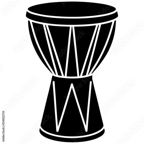 Black djembe drum silhouette with stylized rope pattern, ethnic percussion instrument icon representing tribal music, cultural celebration, and rhythm-themed design

