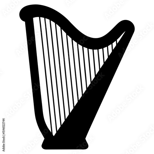 Silhouette of harp musical instrument icon in black, elegant string instrument used in classical music, orchestra, and traditional compositions — isolated vector illustration

