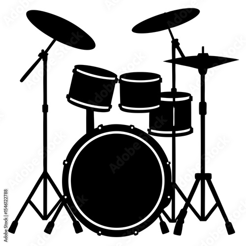 Black drum set silhouette vector featuring detailed bass drum, snare, toms, cymbals, and stands, perfect for rock, jazz, music band posters, concert flyers, or educational percussion graphics.

