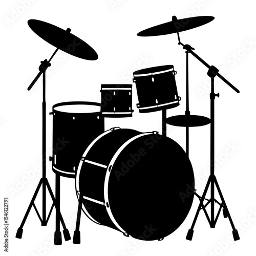 Vector illustration of black drum kit silhouette with overhead view of toms, cymbals, hi-hat, and bass drum, ideal for band promotion, rock music flyers, event posters, or drum lesson visuals.

