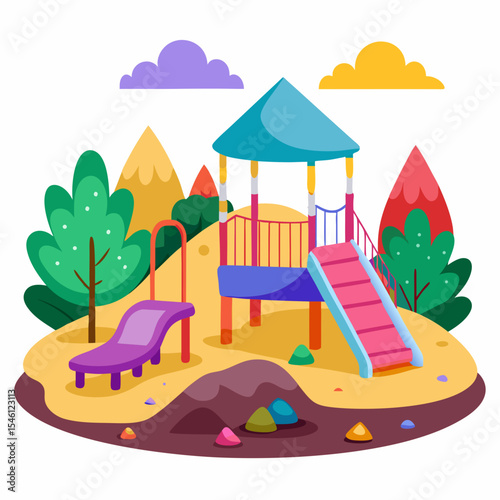 Colorful children’s playground with slides, trees, and rocks on sandy ground, surrounded by cartoon nature — ideal for kids, fun, playtime, and outdoor activity themes

