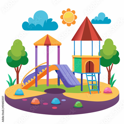 Colorful playground with twin tower slides, rock elements, sun and trees, cartoon vector scene for outdoor children’s games, fun, learning, and playtime in nature


