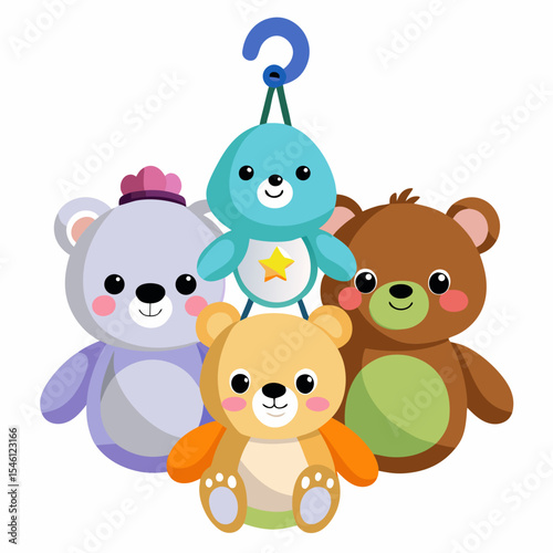Set of cute hanging cartoon teddy bears in bright colors with buttons and hooks. Perfect for nursery prints, baby room decor, toy shop ads, or children’s book illustrations.

