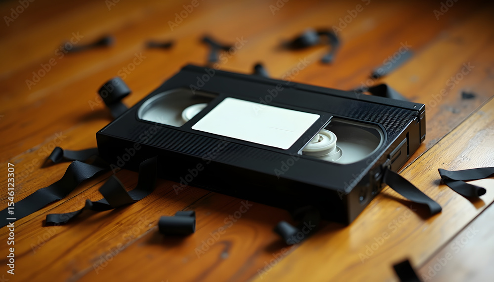 Fototapeta premium Retro VHS tape with scattered black ribbon on a wooden surface.