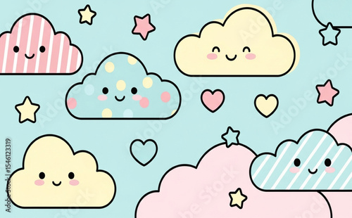 Cute cartoon cloudscape illustration with stars and hearts
