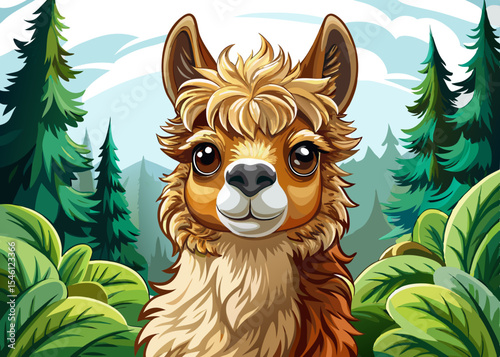 Flirtatious alpaca cartoon vector with tilted neck and fluffy hair in a forest scene charming animal illustration perfect for fun merchandise, cards, or kids' content