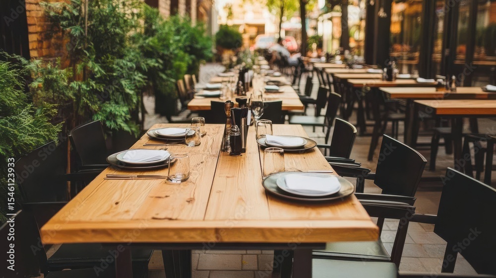 Obraz premium Common settings of cafe interior with wooden tables and plate sets