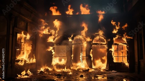 Burning building with arched windows engulfed in flames at night, intense fire disaster scene.