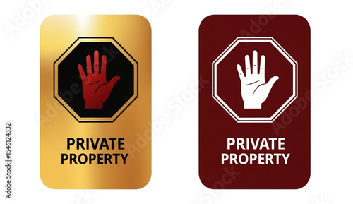 Private property sign with hand stop symbol on white background