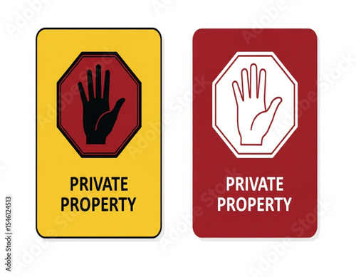 Private Property sign with hand in octagon shape, yellow and red warning sign