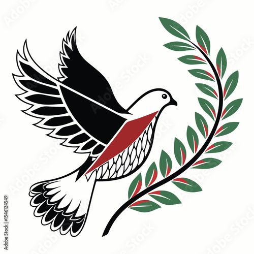 A black and red dove carrying an olive branch with elegant wings spread symbolizes peace.