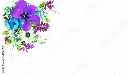 Pink and lilac tulips, white daffodils on a white background with space for text. A spring bouquet.