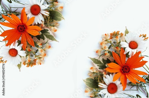 White daisies and orange daisies on a white background with space for text. A summer bouquet.