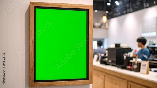Green screen display in modern cafe