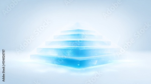 Glowing translucent pyramid structure with blue-hued illuminated tiers emitting soft light, set against a gradient of light blue and white. Subtle sparkles and light effects enhance the futuristic