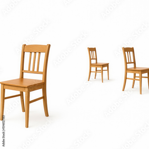 Three wooden chairs stand on a white background. photo
