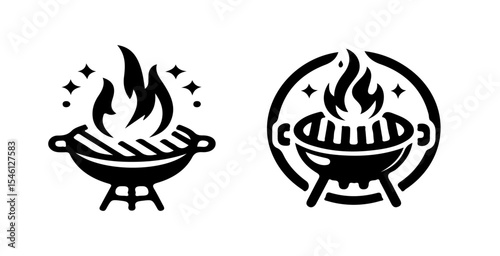 Two barbecue grill icons with flames and sparkles in black and white vector illustration design set