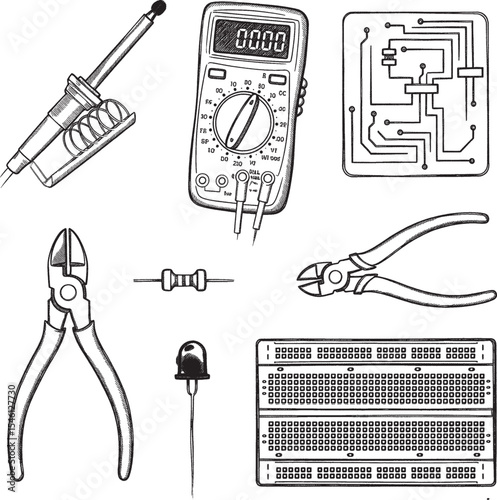 collection of electronic components and tools