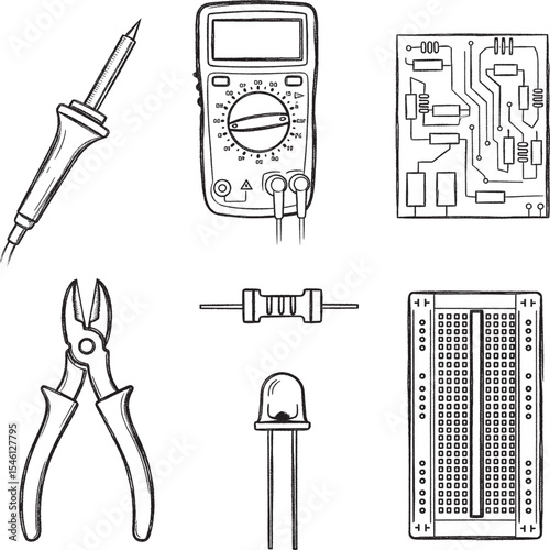 various electronic tools and components, including a soldering iron, a multimeter, a circuit board, pliers, a resistor, an LED, and a breadboard