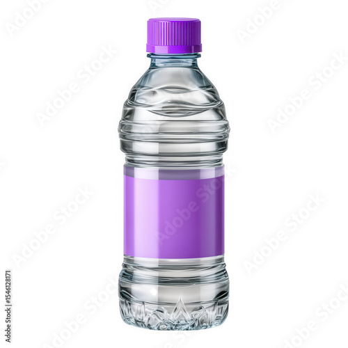 Plastic water bottle with purple cap and label isolate plastic bottle purple label