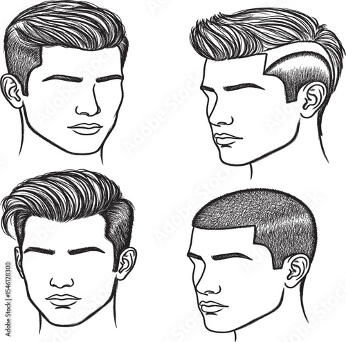 four different men's hairstyles, all featuring various fade haircuts with distinct top styles, including a pompadour, a textured crop, and a buzz cut