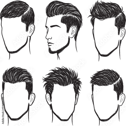 six different men's hairstyles, primarily featuring various short to medium length cuts with fades and styled tops, including one with a beard