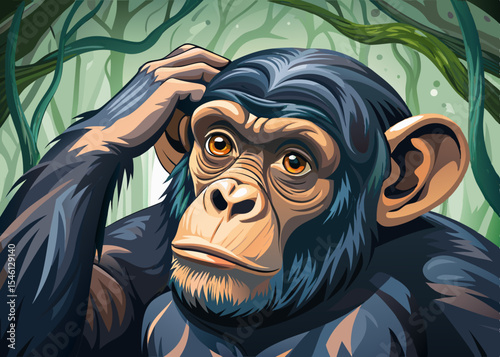 Puzzled chimp vector scratching head with curious facial expression in a forest background playful wildlife illustration for educational content, kids' books, or fun prints