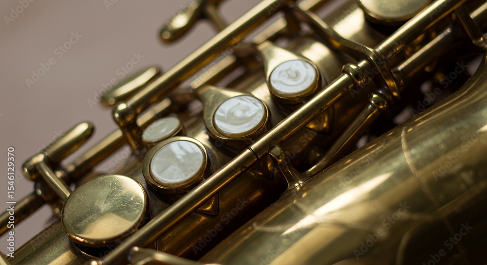 Naklejka premium Close-up of Saxophone Keys: Golden Musical Instrument Detail