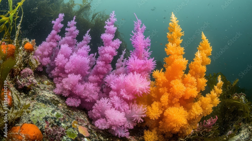 Fototapeta premium Vibrant pink and orange underwater coral formations.