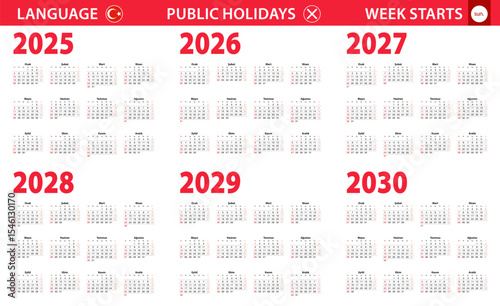 2025-2030 year calendar in Turkish language, week starts from Sunday.