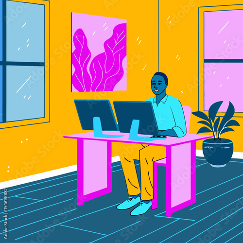 A Black male entrepreneur in his 30s sitting at a modern minimalist desk in a bright home office, working on a laptop with multiple monitors. The room has large windows letting in natural light, potte