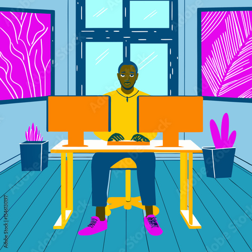 A Black male entrepreneur in his 30s sitting at a modern minimalist desk in a bright home office, working on a laptop with multiple monitors. The room has large windows letting in natural light, potte