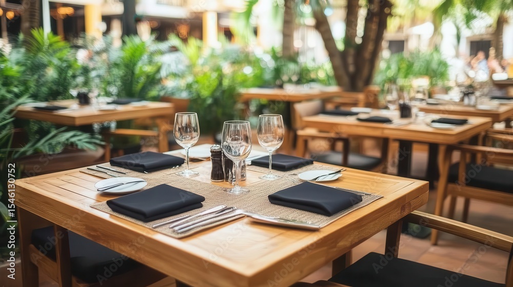Common settings of cafe interior with wooden tables and plate sets Common settings of cafe interior with wooden tables and plate sets